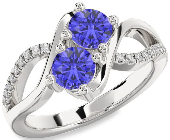 Diamond Tanzanite Silver Round Two Stone Ring