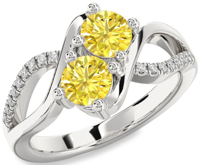 Yellow Diamond Silver Round Two Stone Ring