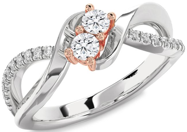 Diamond Rose Gold Silver Round Two Stone Ring