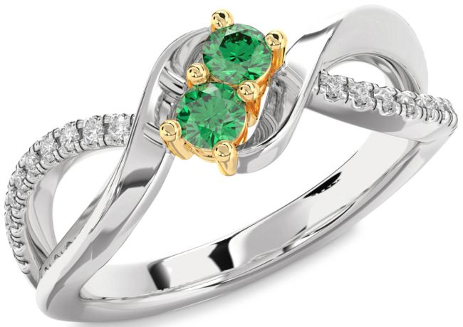 Diamond Emerald Gold Silver Round Two Stone Birthstone Ring