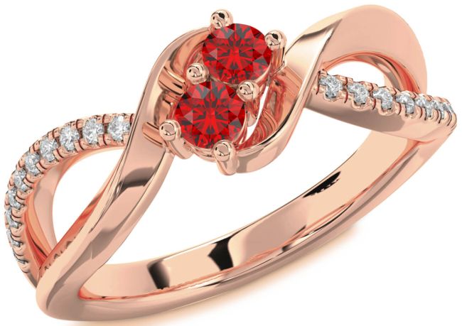 Diamond Ruby Rose Gold Round Two Stone Birthstone Ring