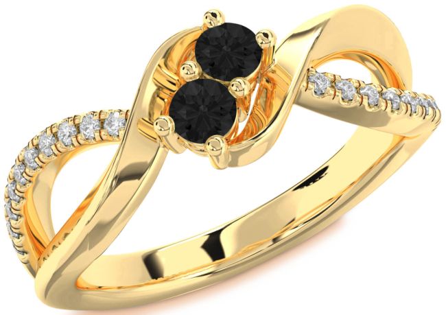 Black Diamond Gold Silver Round Two Stone Ring