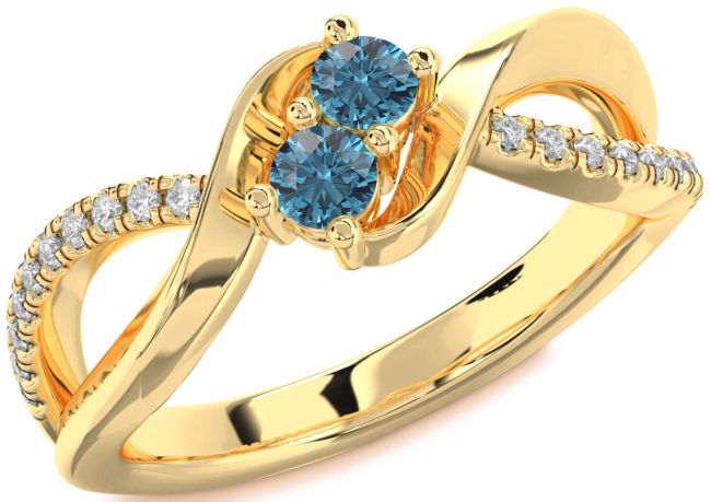 Blue Diamond Gold Silver Round Two Stone Ring
