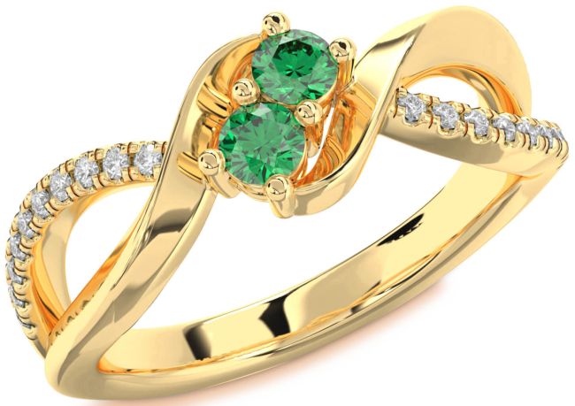 Diamond Emerald Gold Round Two Stone Birthstone Ring