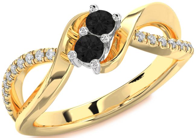 Black Diamond Gold Silver Round Two Stone Ring