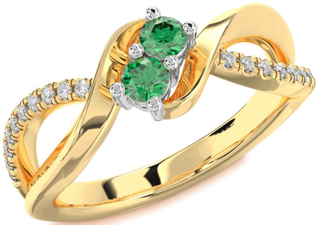 Diamond Emerald Gold Silver Round Two Stone Birthstone Ring