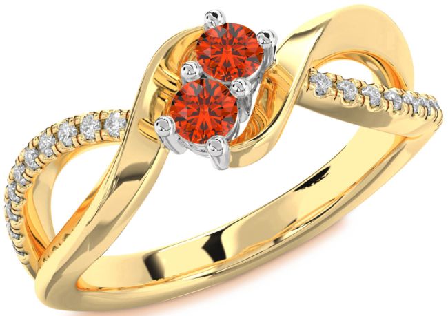 Diamond Fire Opal Gold Silver Round Two Stone Ring