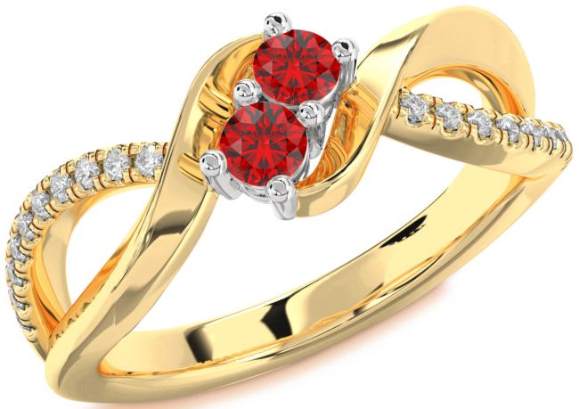 Diamond Ruby Gold Silver Round Two Stone Birthstone Ring