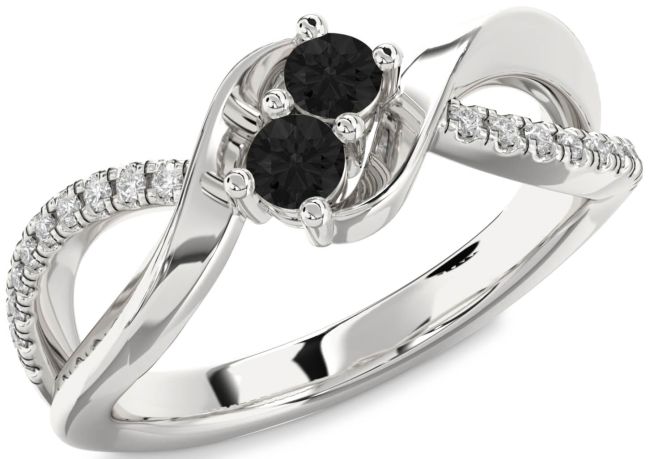 Black Diamond Silver Round Two Stone Ring