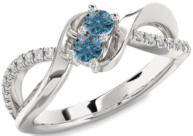 Blue Diamond Silver Round Two Stone Ring