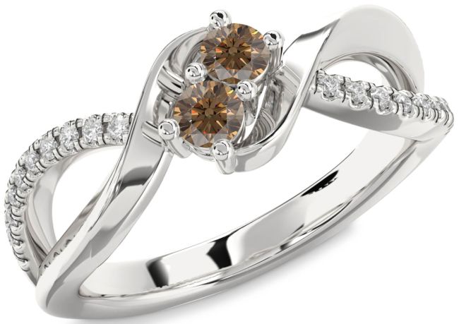 Chocolate Brown Diamond Silver Round Two Stone Ring