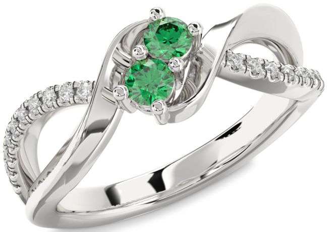 Diamond Emerald Silver Round Two Stone Birthstone Ring