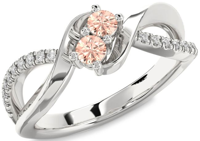 Diamond Morganite Silver Round Two Stone Ring