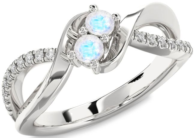 Diamond Moonstone Silver Round Two Stone Ring