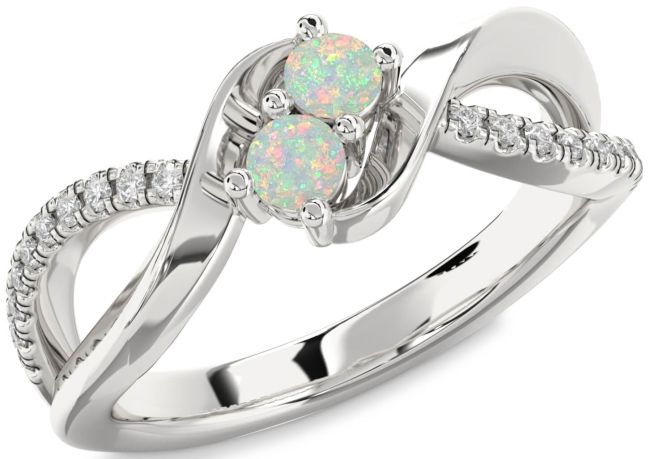 Diamond Opal Silver Round Two Stone Birthstone Ring