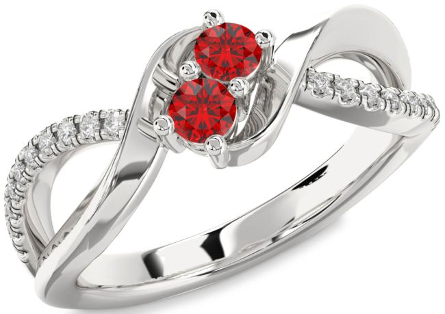 Diamond Ruby Silver Round Two Stone Birthstone Ring