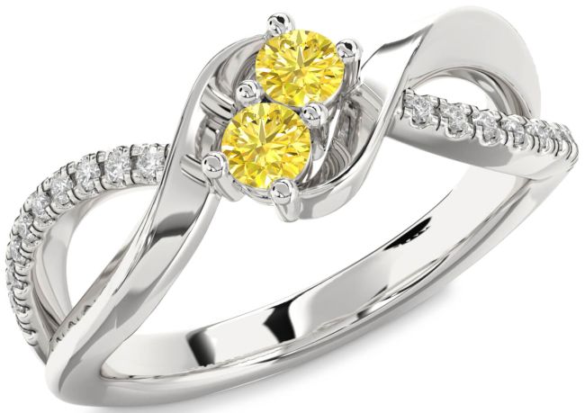 Yellow Diamond Silver Round Two Stone Ring