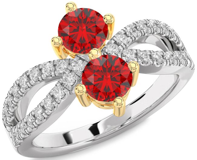 Diamond Ruby Gold Silver Round Two Stone Birthstone Ring