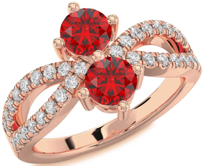 Diamond Ruby Rose Gold Round Two Stone Birthstone Ring
