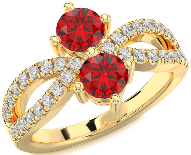 Diamond Ruby Gold Silver Round Two Stone Birthstone Ring