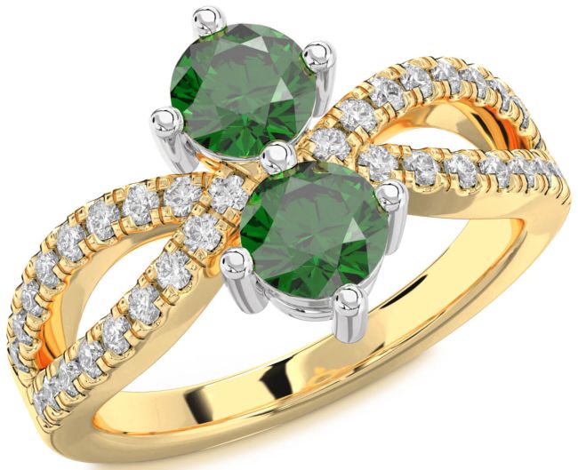 Diamond Emerald Gold Silver Round Two Stone Birthstone Ring