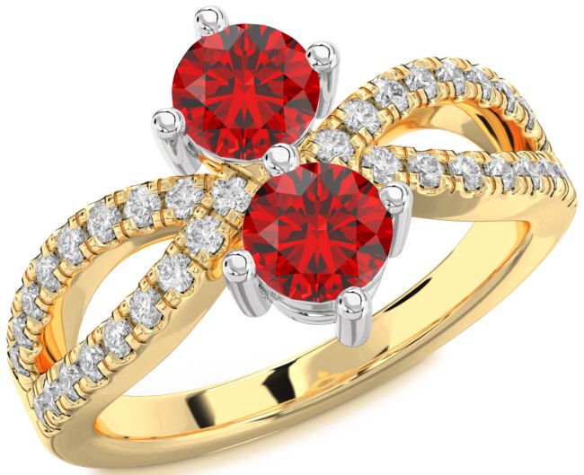 Diamond Ruby Gold Silver Round Two Stone Birthstone Ring