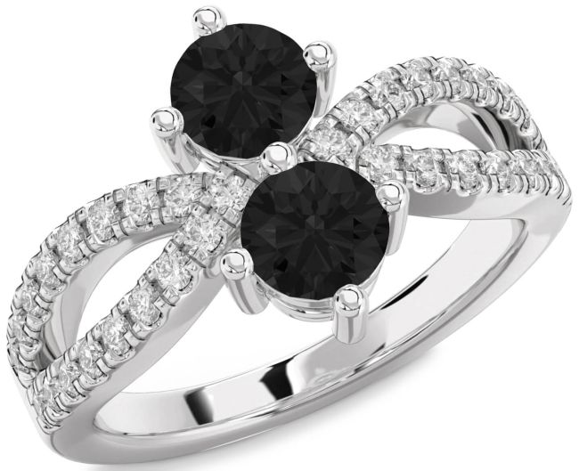Black Diamond Silver Round Two Stone Ring