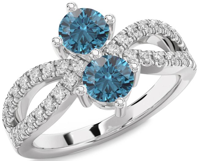 Blue Diamond Silver Round Two Stone Ring