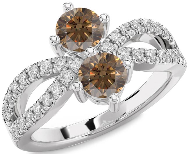 Chocolate Brown Diamond Silver Round Two Stone Ring