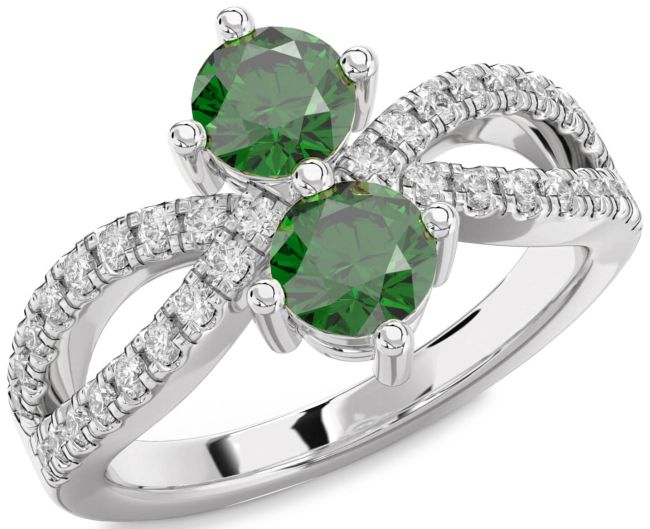 Diamond Emerald Silver Round Two Stone Birthstone Ring