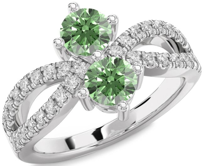 Green Diamond Silver Round Two Stone Ring