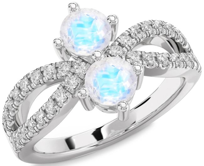 Diamond Moonstone Silver Round Two Stone Ring