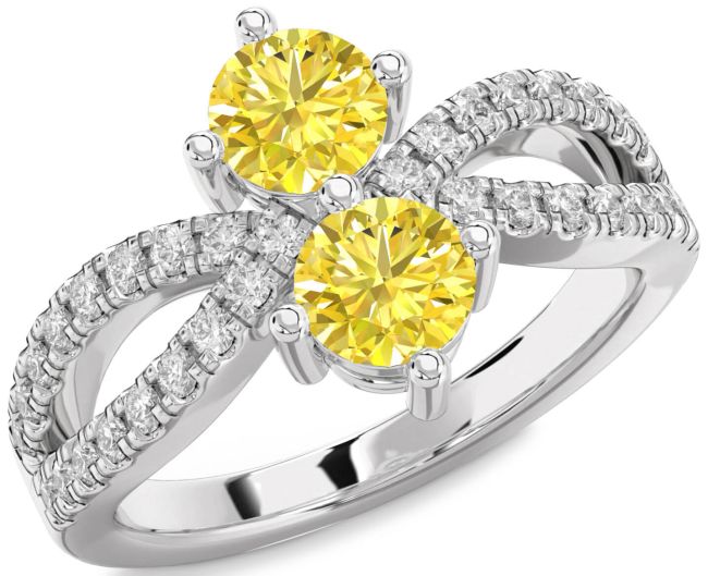 Yellow Diamond Silver Round Two Stone Ring