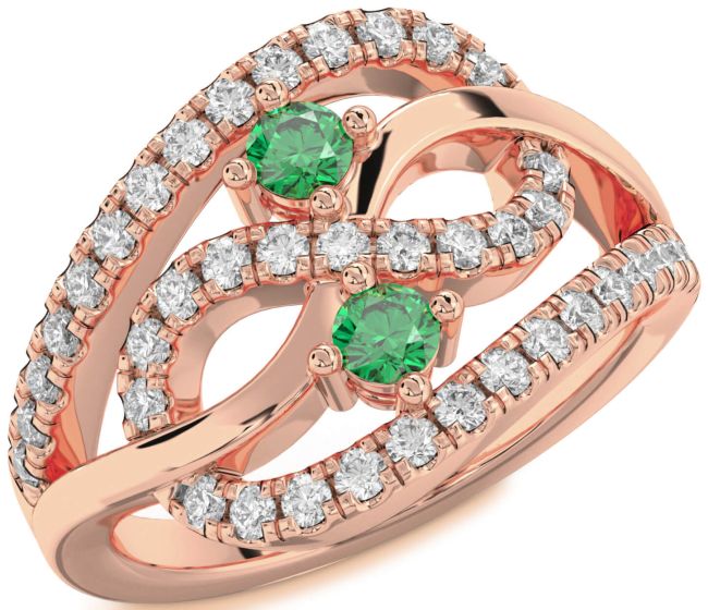 Diamond Emerald Rose Gold Infinity Round Two Stone Birthstone Ring