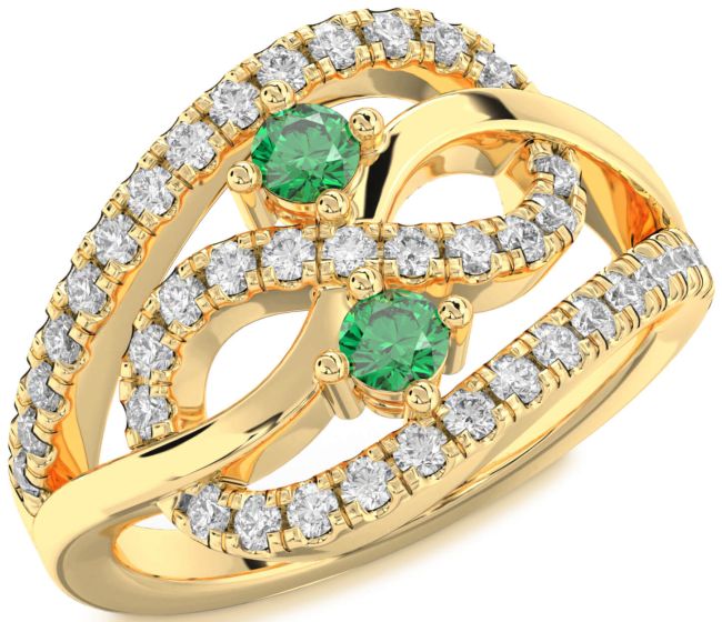 Diamond Emerald Gold Infinity Round Two Stone Birthstone Ring