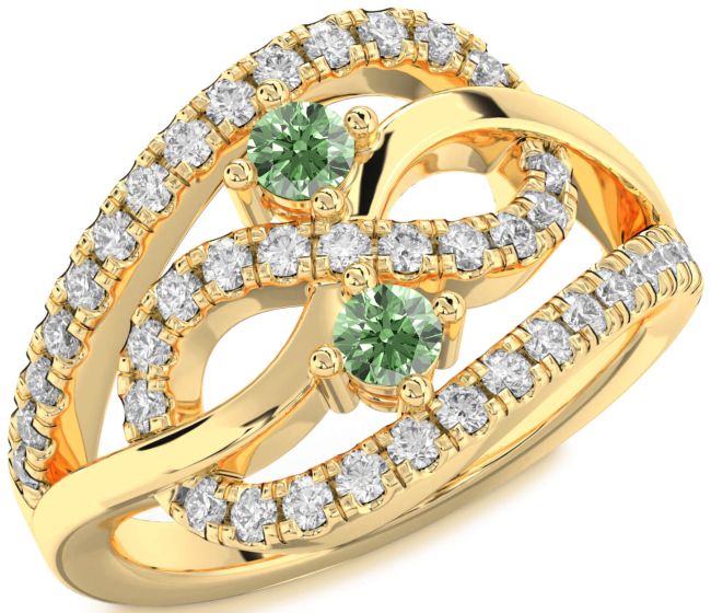 Green Diamond Gold Silver Infinity Round Two Stone Ring