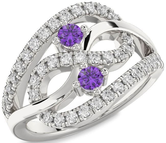 Diamond Amethyst Silver Infinity Round Two Stone Birthstone Ring