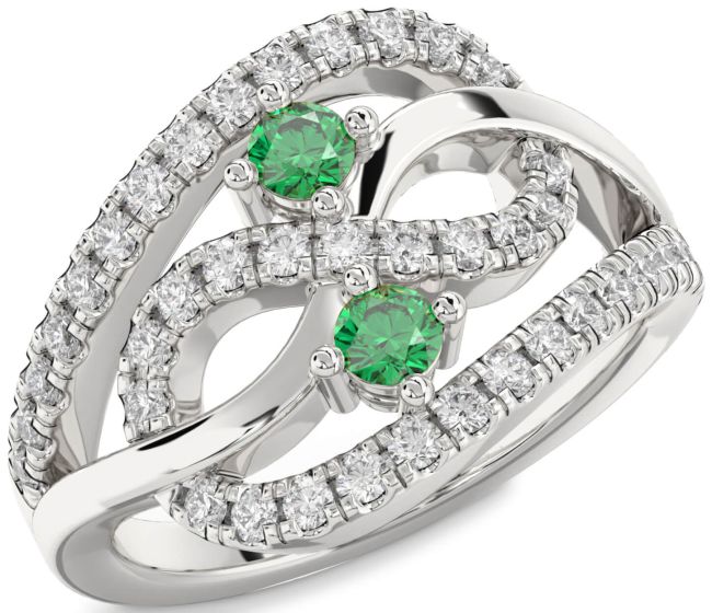 Diamond Emerald Silver Infinity Round Two Stone Birthstone Ring