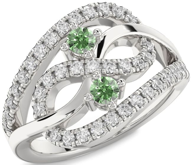 Green Diamond Silver Infinity Round Two Stone Ring