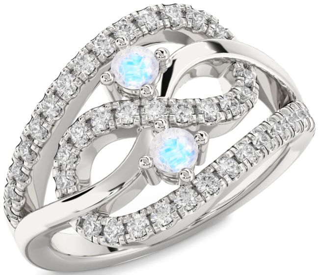 Diamond Moonstone Silver Infinity Round Two Stone Ring