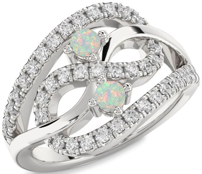 Diamond Opal Silver Infinity Round Two Stone Birthstone Ring