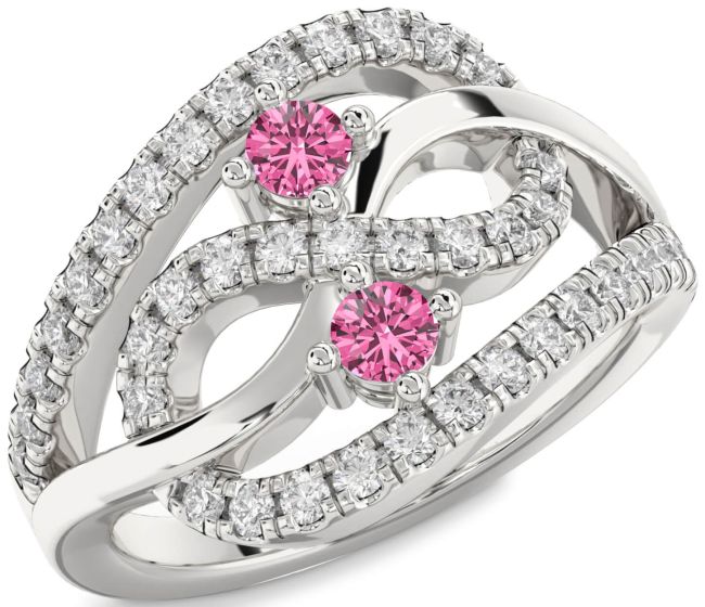 Diamond Pink Sapphire Silver Infinity Round Two Stone Ring