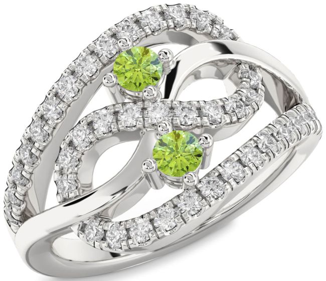 Diamond Peridot Silver Infinity Round Two Stone Birthstone Ring