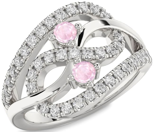 Diamond Rose Quartz Silver Infinity Round Two Stone Ring