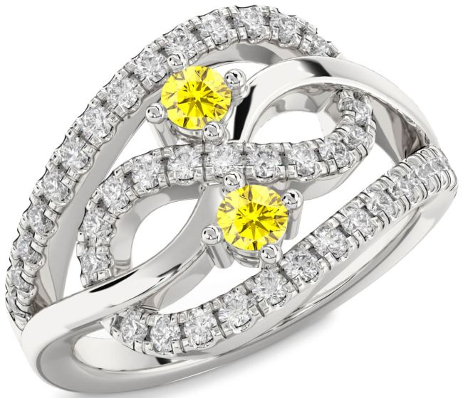 Diamond Yellow Sapphire Silver Infinity Round Two Stone Ring