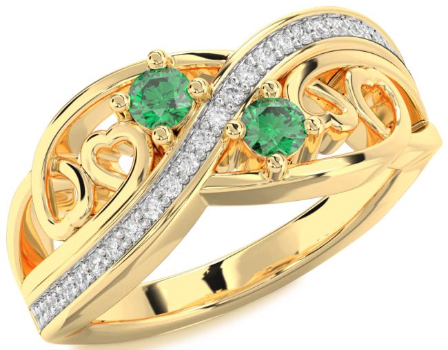 Diamond Emerald Gold Heart Two Stone Birthstone Ring