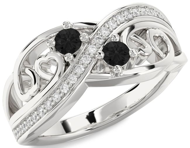 Black Diamond Silver Heart Two Stone Ring
