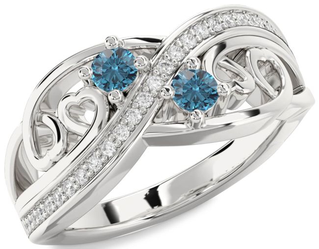 Blue Diamond Silver Heart Two Stone Ring