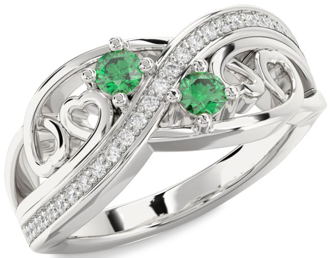 Diamond Emerald Silver Heart Two Stone Birthstone Ring