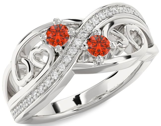 Diamond Fire Opal Silver Heart Two Stone Ring